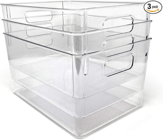 Isaac Jacobs 3-Pack Large Clear Storage Bins with Handles, Plastic Organizer for Home, Room, Office, Fridge, Kitchen/Pantry Non-Slip Container Set, Food Safe, BPA Free (3-Pack, Large)