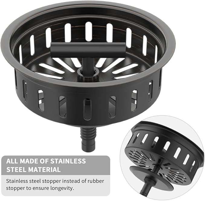 KONE 3-1/2 Inch Bronze Kitchen Sink Drain Assembly Kit - Oil Rubbed Bronze Stainless Steel with Strainer Basket/Drain Stopper