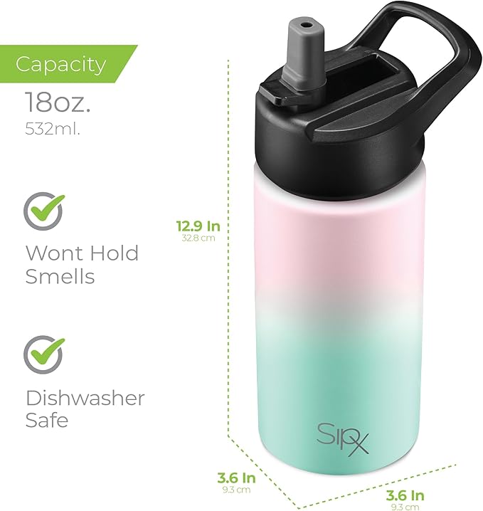 SipX™ Triple-Insulated Stainless Steel Water Bottle 18oz. With 3 Lids, BPA-Free Reusable Insulated Water Bottle Keeps Cold 24 Hours, Metal Water Bottle Made Of Sustainable Material For Hiking & Biking