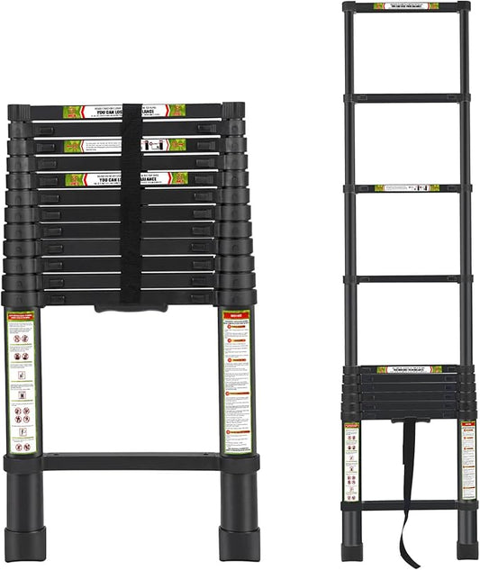 RIKADE Telescoping Ladder 12.5FT & Attic Ladder, Heavy Duty Aluminum with Non-Slip Feet, 330lb Capacity for RV, Attic, Roof & Multi-Surface Use
