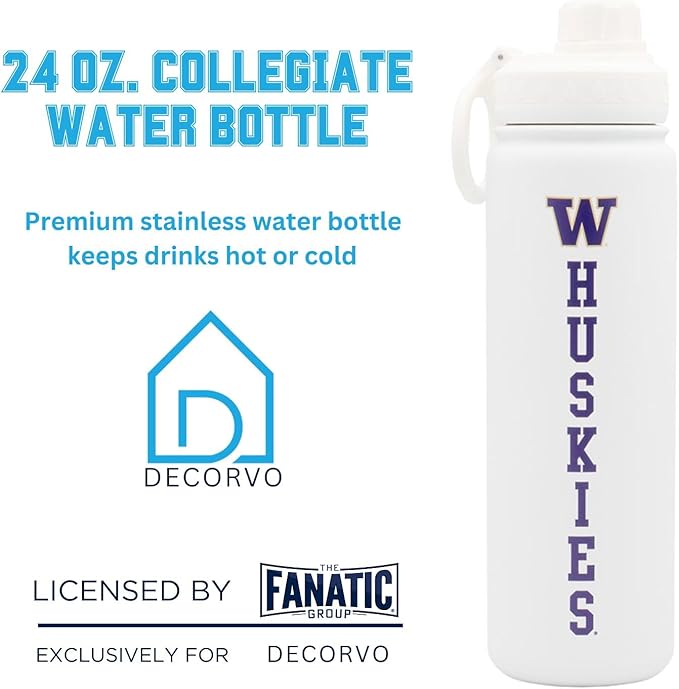 Washington Huskies Water Bottle - White Double Walled Stainless Steel 24 oz Keeps Drinks Cold or Hot