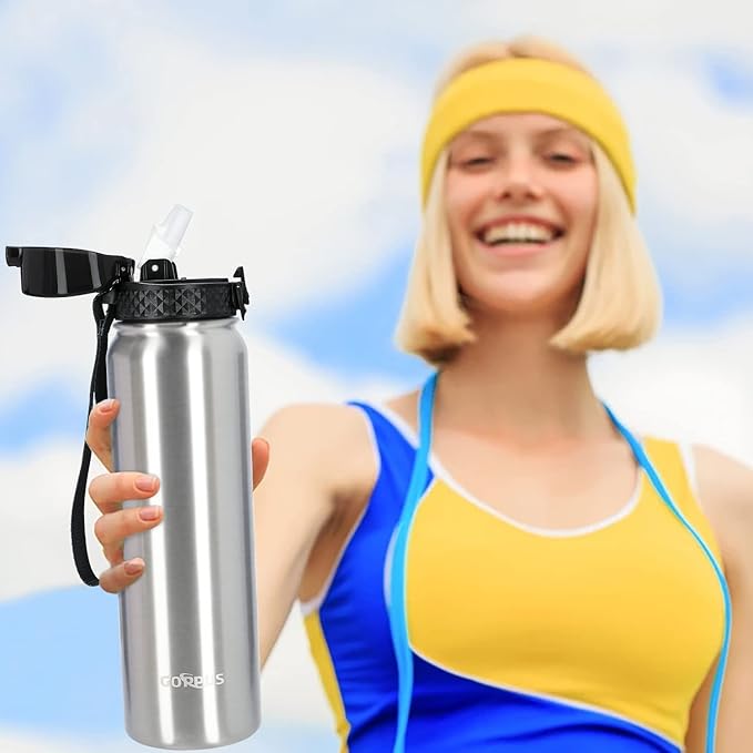 GOPPUS 32 oz Sports Water Bottle 1 Liter Double Wall Insulated Stainless Steel Water Bottles with Straw Lid Reusable Leak proof Metal water bottles with Strap Handle(Steel 1 lid)