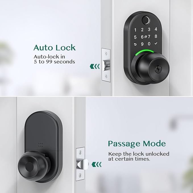 Keypad Smart Door Lock with Knob, Yamiry Keyless Entry Digital Lock with Handle, Fingerprint Electronic Knob for Front Door, Generate Passcode Remotely, Easy Installation