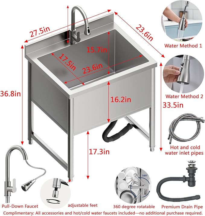 Stainless Steel Commercial Restaurant Sink, Freestanding Large Commercial Sink with Pull-out Faucet for Kitchen Dishwashing, Thawing, Pet Cleaning, Laundry Room, 23.6"D x 27.5"W x 36.8"H