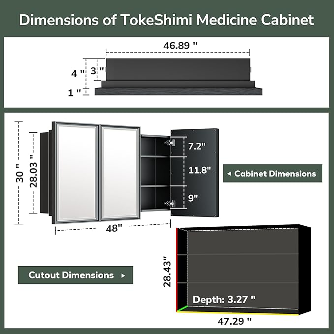 TokeShimi 48x30 Medicine Cabinet Mirror Bathroom Vanity Black Metal Framed Recessed or Surface Mounted Medicine Cabinet with Beveled Mirror with Storage Aluminum for Modern Farmhouse
