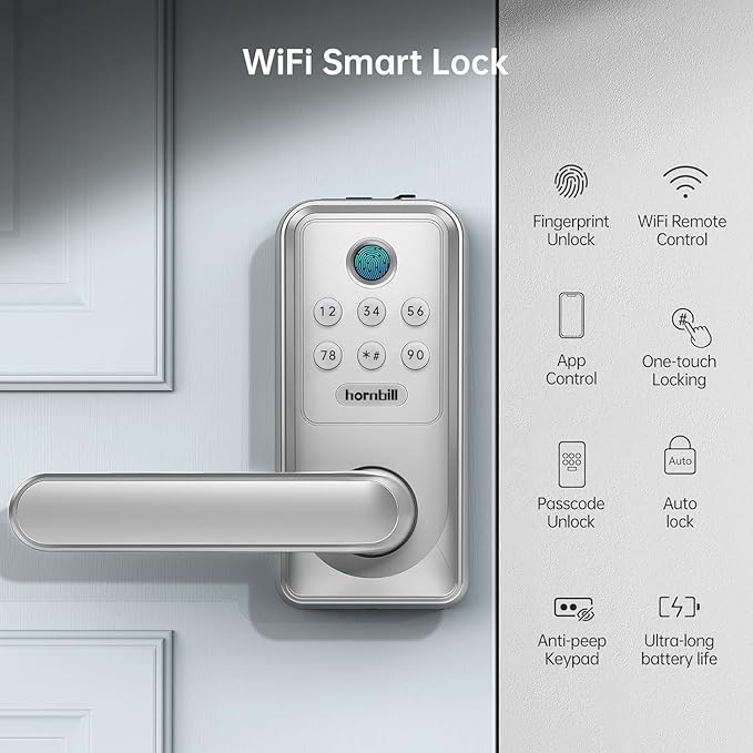 Smart WiFi Door Lock with Handle: Hornbill Keyless Entry with Remote Unlock Code Keypad Fingerprint Auto Lock - Electronic Bluetooth Digital Lever Front Interior Door Lock