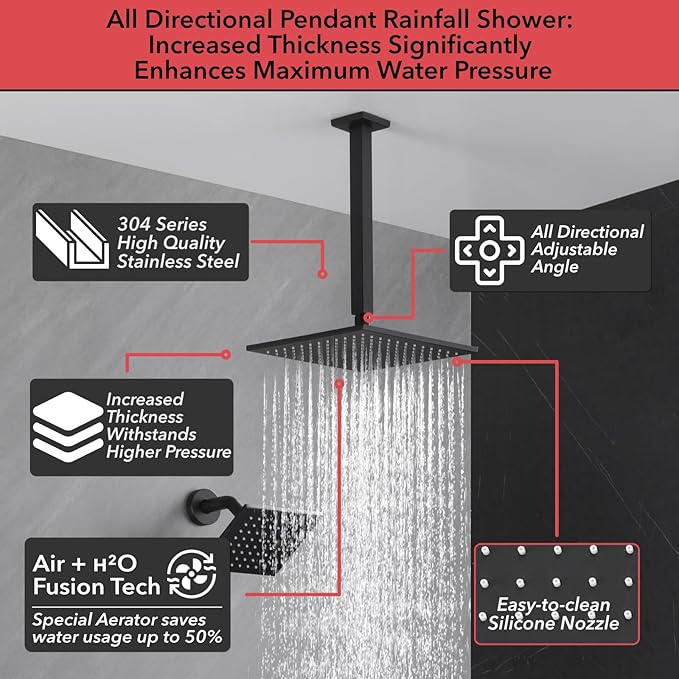 VANFOXLE Shower Faucet Set Matte Black Shower System,Four Modes Shower Faucet with 2 in 1 Handheld,Ceiling Mount 10 Inch Shower Head with 6 Inch Shower Head, 4 PCS Dual Modes Body Jets