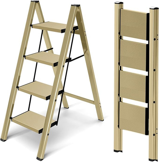 4 Step Ladder,Aluminum Folding Step Ladder for Adults,Step Ladder with Wide Anti-Slip Pedal,330 lbs Capacity for Home,Office,Kitchen,Library(Gold)