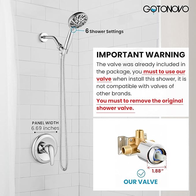 gotonovo Single-Handle Shower Faucet Set Shower Kit with Valve Shower Head and Handle Set Shower Trim Kit with 6 Modes ABS Handheld Shower Fixtures Shower Valve and Trim Kit Polished Chrome