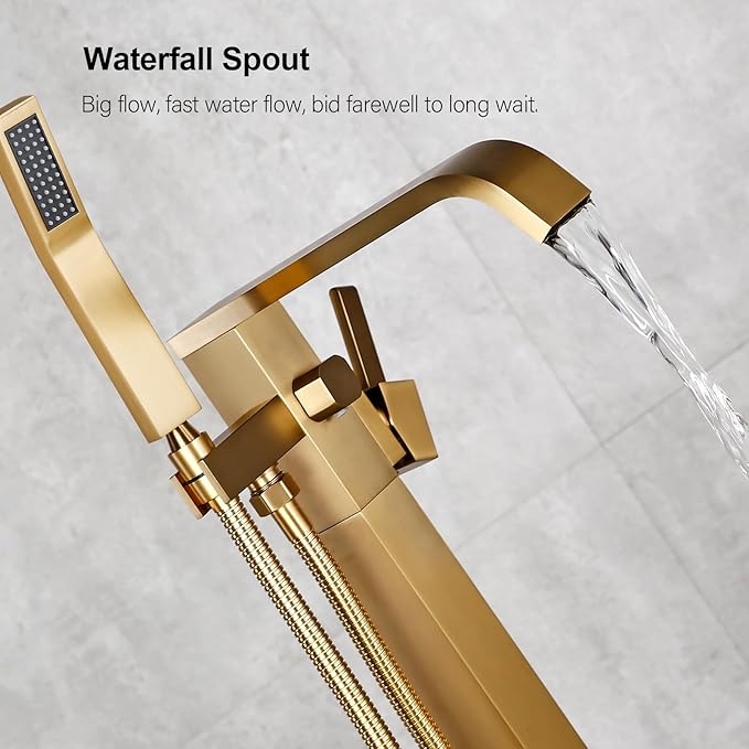BAGNOLUX Solid Brass Floor Mount Bathtub Faucet Free Standing Tub Faucet Freestanding Tub Filler Brushed Brass High Flow Rate Swivel Spout with Hand Shower, ‎YGSLT-FANG-Brushed Brass11