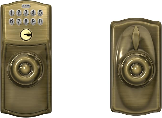 SCHLAGE FE595 CAM 609 GEO Camelot Keypad Entry with Flex-Lock and Georgian Style Knobs, Antique Brass