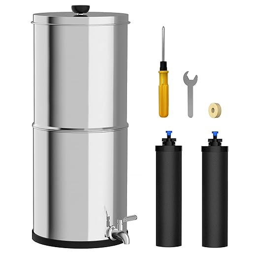 Gravity-Fed Water Filter System 1.5G Stainless Steel Countertop Water Filtration System with 2 Carbon Filters Reduce Lead and 99% Chlorine Conforms to NSF/ANSI 42&372 Standards Portable