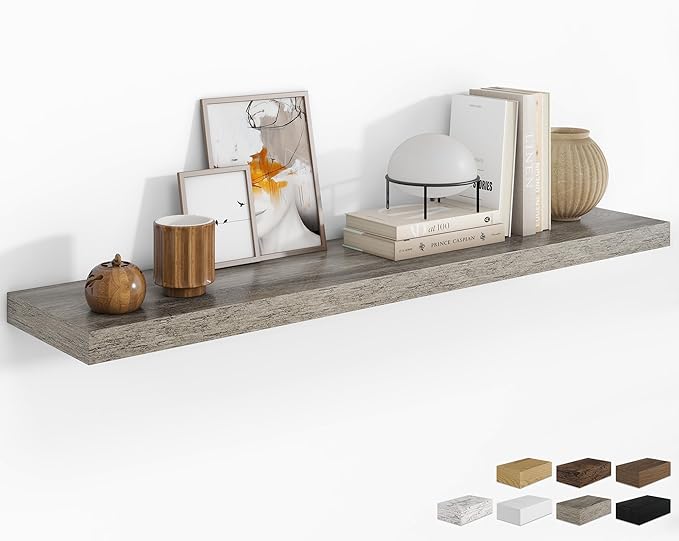 RICHFOCUS 55Inch Floating Shelves for Wall 1 Pack Shelves for Bedroom|Kitchen|Bathroom Wall Mounted Rustic Wood Floating Shelf with Invisible Brackets for Books|Storage|Decor, Grey