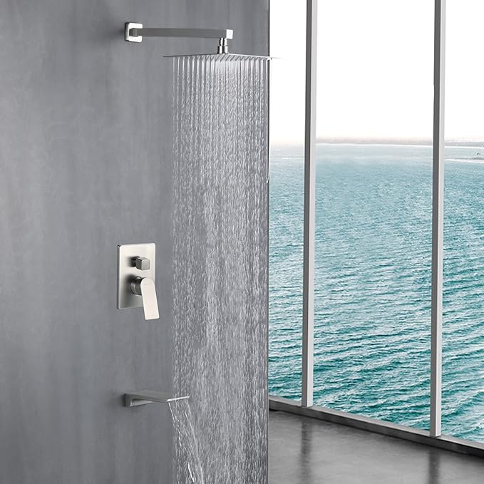 Shower Faucet Set with Tub Spout Waterfall Tub and Shower Trim Kit with Rough in Valve Shower Tub Faucet Set Wall Mounted Brushed Nickel 33010BN