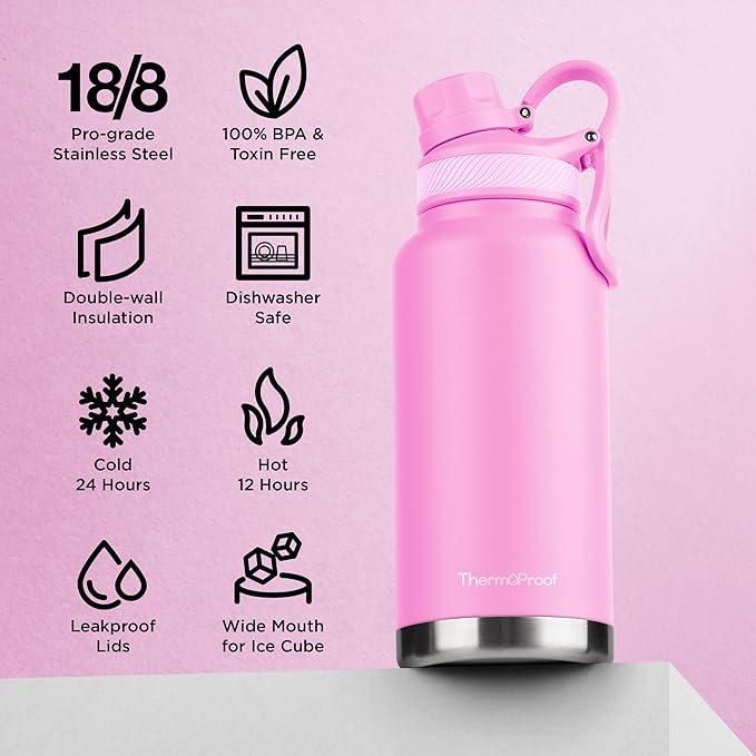 ThermoProof Double Walled Vacuum Insulated Stainless Steel Water Bottle - 32oz, Straw Lid & Spout Lid - Leak Proof - Gym, Hiking Bottles for Men, Women & Kids - Hot & Cold (Pink 32oz)