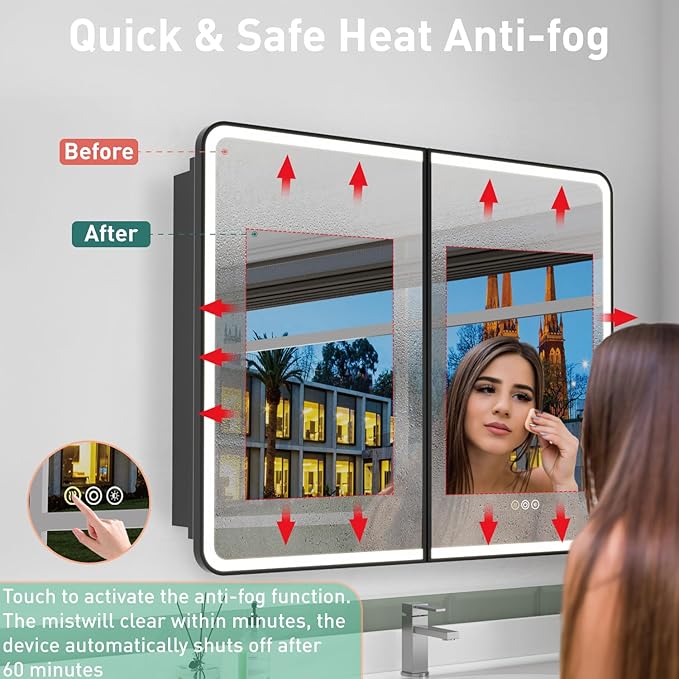 32x30 Inch Medicine Cabinet with Mirror, Recessed or Surface Mount Bathroom Medicine Cabinet with LED Lights, Anti-Fog, Memory Function, Adjustable Shelf, Dimmable Light, ETL Listed, Black