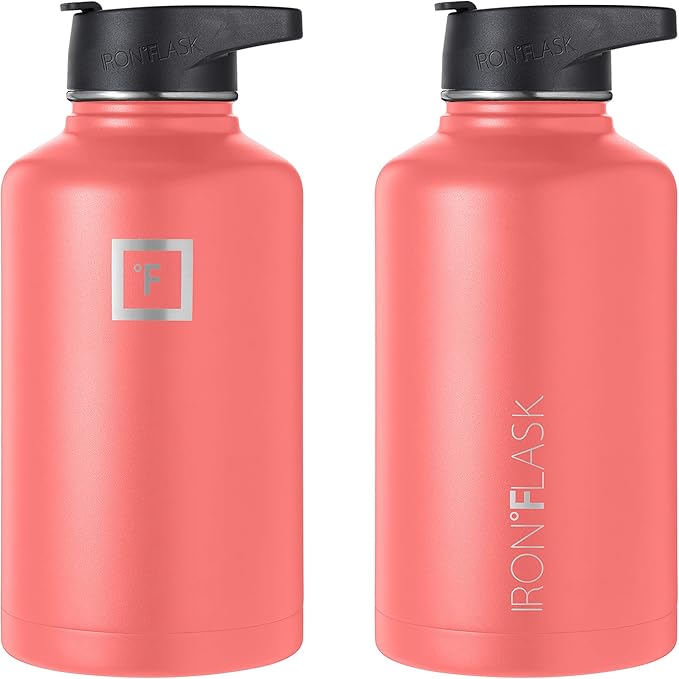 IRON °FLASK Sports Water Bottle - Wide Mouth with 3 Straw Lids - Stainless Steel Gym & Outdoor Bottles for Men, Women & Kids - Double Walled, Insulated Thermos, Metal Canteen - Peach, 64 Oz