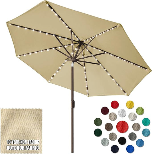 Eurmax USA 10-Year-Non-Fading 10Ft Solar Market Umbrella Outdoor Patio Umbrella Table Umbrella with LED Lights,8 Ribs,Hand Crank and Ventilation (Sand)