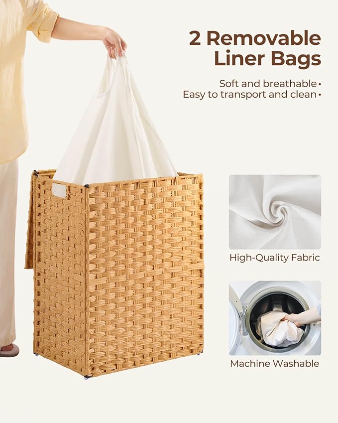 Greenstell Laundry Hamper No Install Needed, Divided Clothes Hamper with 2 Removable Liner Bags, 90L Handwoven Synthetic Rattan Laundry Basket with Lid and Handles, Foldable Natural