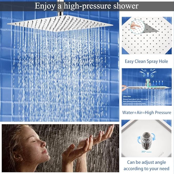 16 Inch Polished Chrome Ceiling Mount Shower System Bathroom Luxury Rain Mixer Shower Combo Set Ceiling Rainfall Shower Head System Faucet Contain Rough-in Valve and Trim Included