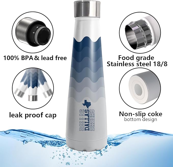 16oz Dallas New Cola Bottle Insulated Water Bottle Stainless Steel Thermos Cup, Reusable Water Bottles Leak Proof Metal Sports Water Bottle