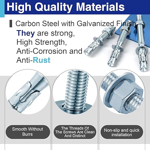 10Pcs M12×180mm Wedge Anchor Bolt, Carbon Steel Zinc Plated, Concrete Anchor Screws Kit, Anti-Rust Metric Expansion Bolts