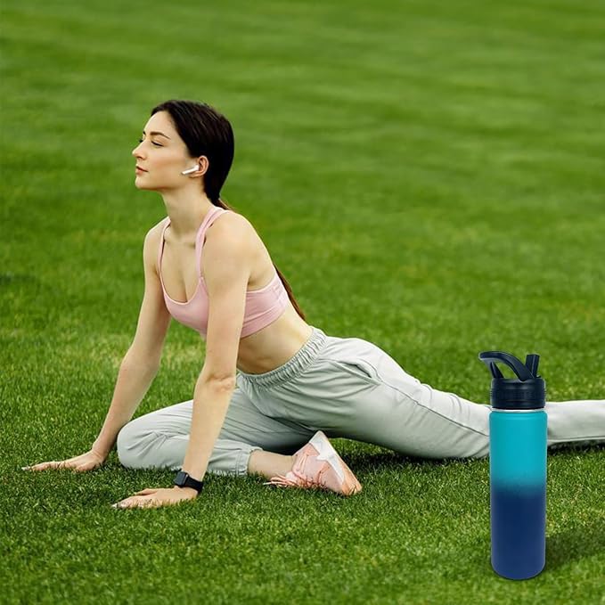 8pack 22 oz Insulated Water Bottle With Straw, Stainless Steel Sports Water Cup Flask with 2 Lids, Wide Mouth Travel Thermal Mug,Combining Colors