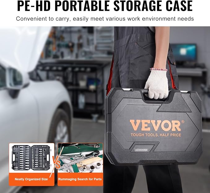 VEVOR Socket Set, 1/4" and 3/8" Drive Socket and Ratchet Set, 6-Point Socket Opening, 106 Pcs Tool Set SAE and Metric, Deep and Standard Sockets, 5/32-1 in, 5-19 mm, with Accessories, Storage Case