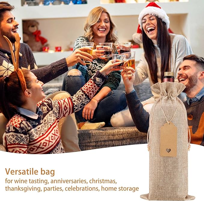 Homum 24Pcs Premium Burlap Wine Bags and 12Pcs Gift Tags, Reusable Wine Gift Bags with Drawstrings, Wine Bottle Bags, Wine Bags for Wedding, Birthday, Blind Tastings, Christmas,Party, Home Storage
