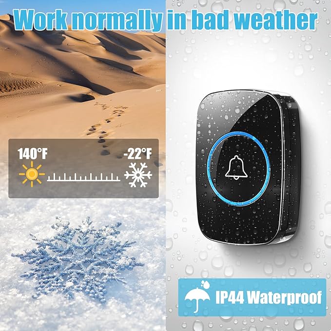 8 Pcs Waterproof Doorbell Kit 4 Pcs Home Doorbell with 4 Pcs Receivers 1000 FT Range 5 Volume Levels with 60 Doorbell Chimes and LED Flash (Black)