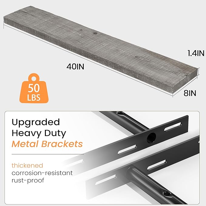 Fun Memories Floating Shelves for Wall Decor, 40"x8" Rustic Reclaimed Wood Shelves, Heavy-Duty Wall Mounted Shelves with Invisible Brackets, Set of 2for Living Room, Bedroom, Kitchen, Grey Finish