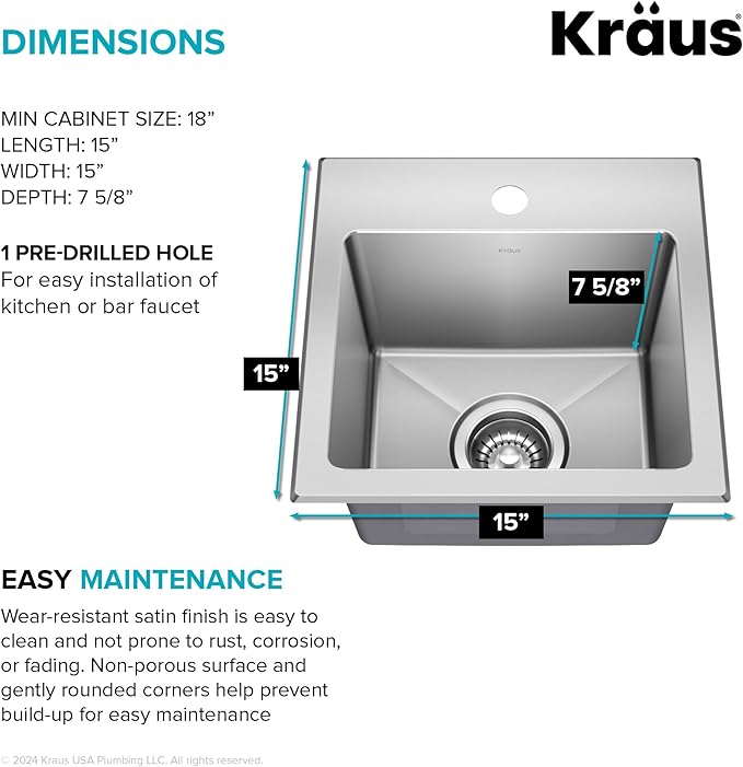 KRAUS Fairlane 15-inch Drop In/Top Mount Single Bowl 18-Gauge Stainless Steel Kitchen Bar Sink, KHT631-15