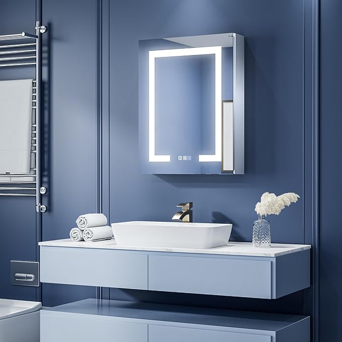 ExBrite Lighted Medicine Cabinet with Mirror, 20 x 26 Inch, Recessed or Surface led Medicine Cabinet, Defog, Stepless Dimming,Color Temperature Change,2 Outlets,Built-in 6000K Sensor Light,Right Hinge
