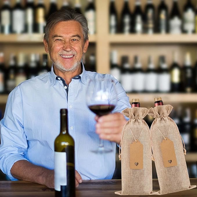 Homum 24Pcs Premium Burlap Wine Bags and 12Pcs Gift Tags, Reusable Wine Gift Bags with Drawstrings, Wine Bottle Bags, Wine Bags for Wedding, Birthday, Blind Tastings, Christmas,Party, Home Storage