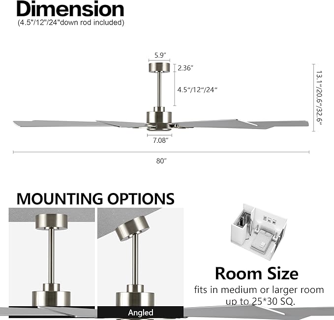 80 Inch Ceiling Fan Without Lights, Wood 8 Blades 6-Speed Noiseless Reversible DC Motor, Modern Large Ceiling Fan with Remote Control for Bedroom Dining Living Room, Nickel Finish+Silver