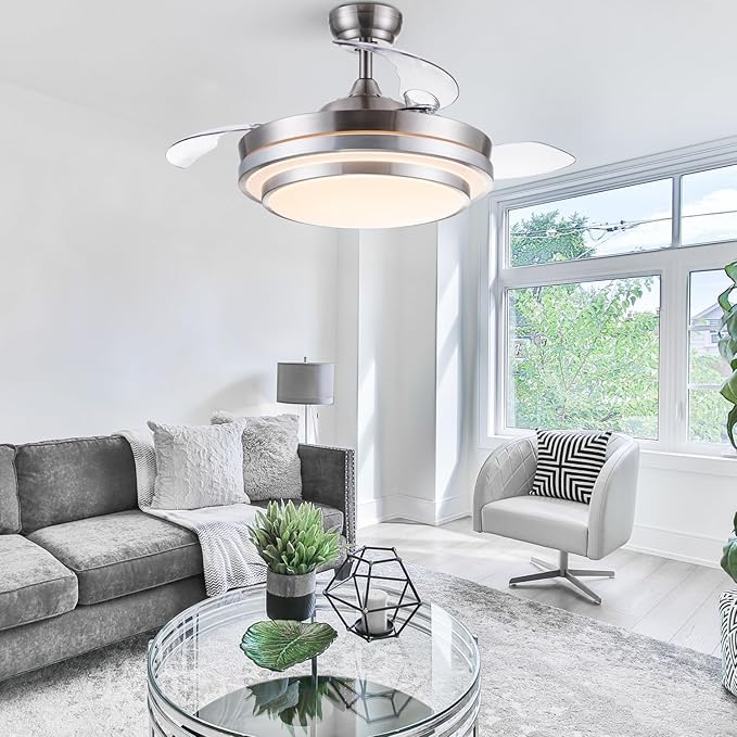 NicBex Ceiling Fan 42 Inch Ceiling Fan with Lights Ceiling Fans with Remote Control and 3 Retractable Blades Ceiling Fan with 6 Gear Wind Speed for Bedroom, Living Room, Silver White
