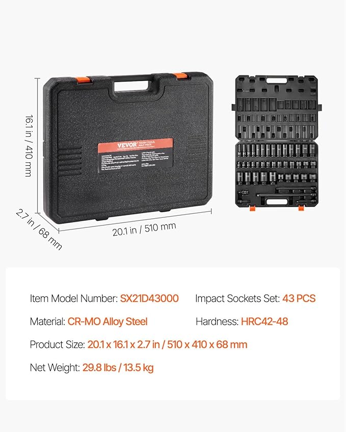 VEVOR Impact Socket Set 1/2" Socket Set 43 Piece Deep & Shallow SAE 3/8" to 1-1/2", 6 Point Cr-Mo Alloy Steel for Auto Repair, Easy-to-Read Size Markings, Rugged Construction, Storage Case
