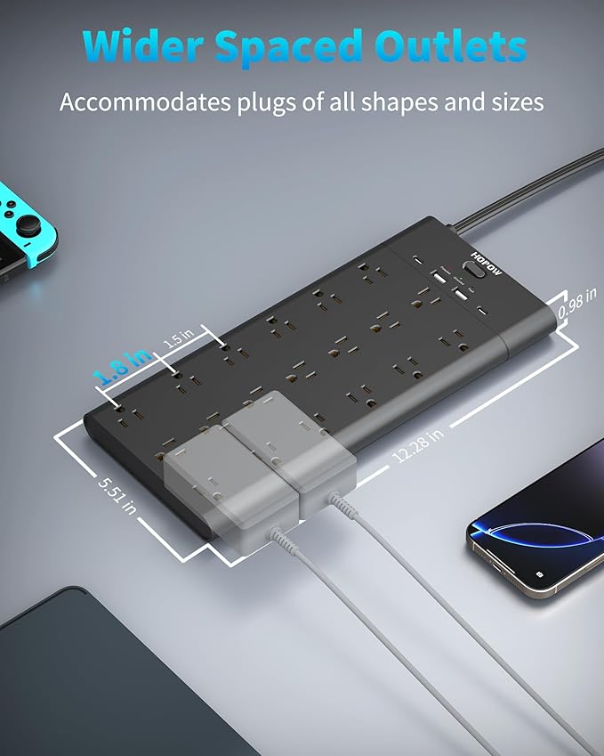 Surge Protector Power Strip with 19 Outlets and 4 USB Ports, HOPOW 10 Ft Flat Plug Heavy Duty Extension Cord, 1875W, 2100J Surge Protection, Wall Mount for Home, Office, Gaming Room, Dorm, Black