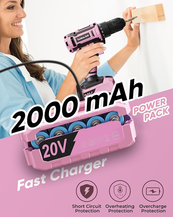 Pink Cordless Drill Set, 20V Electric Power Drill for Women, Lightweight Electric Screwdriver Driver with Power Pack & Charger, 3/8" Keyless Chuck, Womens Tool Kit for House