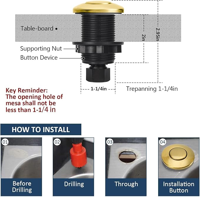Garbage Disposal Air Switch Kit Sink Top Waste Disposal Single Short Stainless Steel Brushed Gold On/Off Air Button Food and Waste Disposals Part by Etoolcity