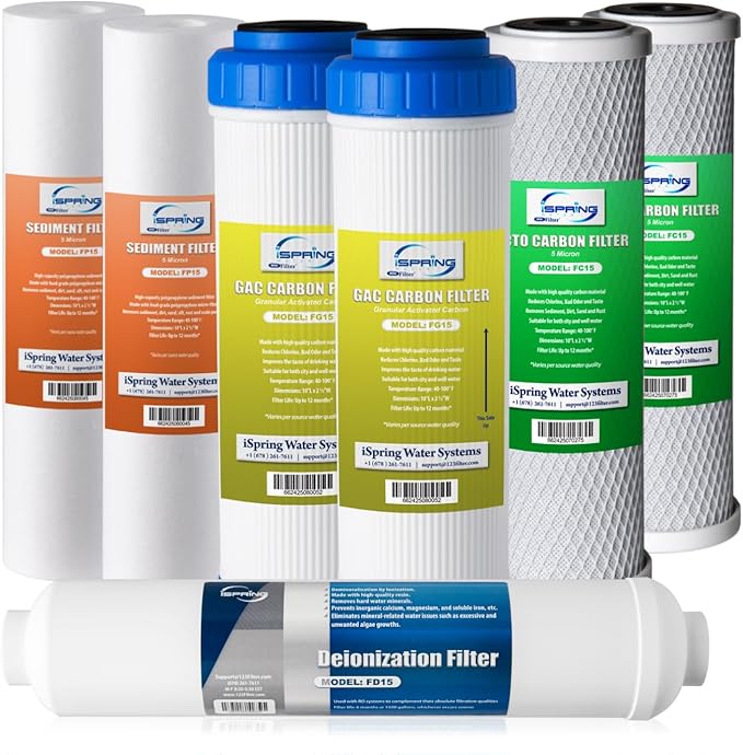 iSpring F7D 1-Year Reverse Osmosis Water Filter Replacement Cartridge Pack for 5-Stage De-ionization RO Water Filter Systems, Fits iSpring RCC1D & RCC1DP, 7 Count (Pack of 1)