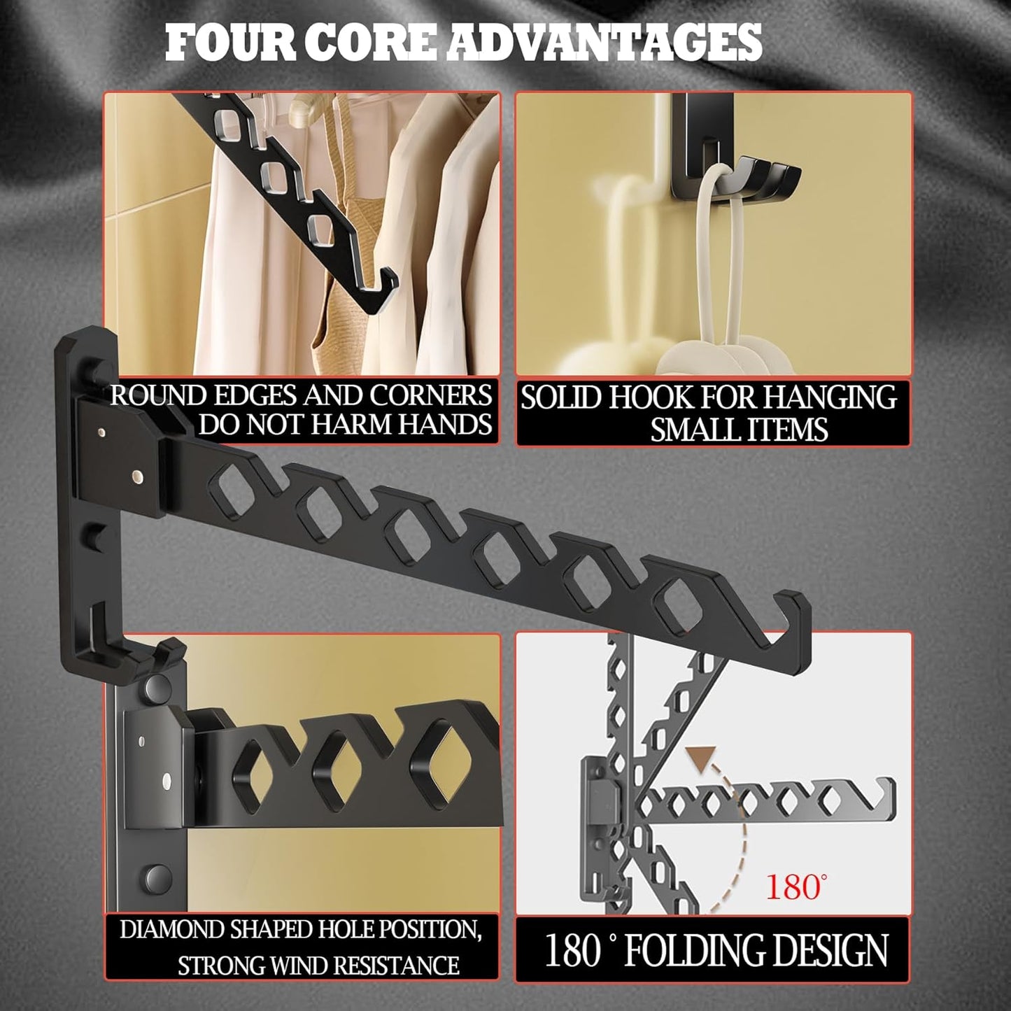 Dr.DJ Wall Mount Coat Hanger Holder Black Clothes Drying Organizer Rack Garment Hooks Aluminium Retractable Folding Indoor Wall Mounted Hanger for Laundry Room Bedroom Black 2Pack with 80cm Rod