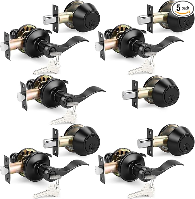 Probrico Exterior Door Lock Set Entrance Door Lever Deadbolt Sets Front Entry Lever Lockset, Single Cylinder Deadbolt Set, Flat Black Finish Keyed Alike Combo, 5 Pack
