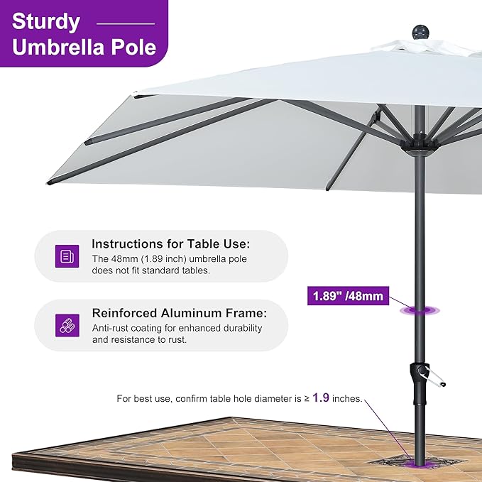 PURPLE LEAF 10' x 10' Square Patio Umbrella Outdoor Table Umbrella Aluminum Frame Market Umbrella Sun Umbrella with 8 Sturdy Ribs for Garden Deck Lawn Pool White
