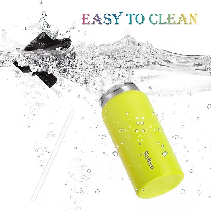 Kids Water Bottle with Straw 2 Pack, 16oz Water Bottles Bulk, Single Wall 18/8 Stainless Steel, Dishwasher Safe & Leakproof, Reusable Gift for Girls Boys to School Sports Travel Camping, White & Lemon