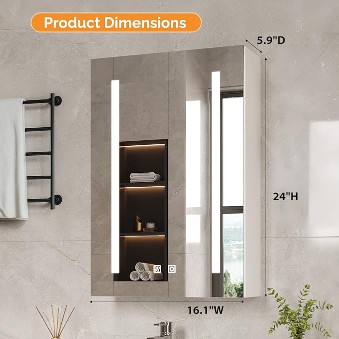 VINGLI 16Inch Medicine Cabinet with Lights, Lighted Medicine Cabinet with Mirror, Led Wall Mirror with Storage for Bathroom,Wall Mounted,3-Color Memory Mode Light，White,5.9" D x 15.75" W x 23.6" H
