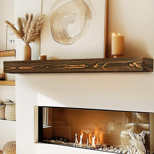 60x8x3 Fireplace Mantel - Handcrafted Hollow Rustic Solid Wood Wall Mounted Floating Shelf with Invisible Heavy Duty Wood Bracket (Weathered Brown)