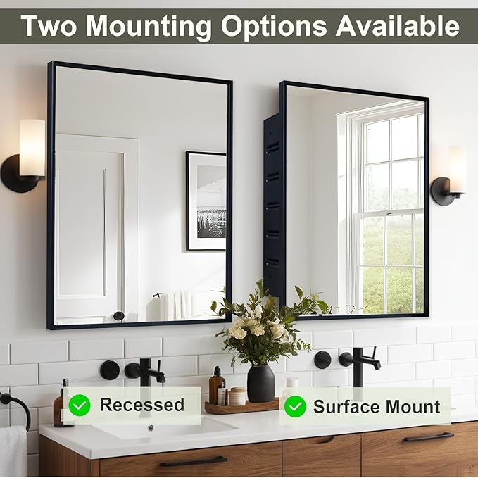 Recessed Medicine Cabinets with Mirror, Black Bathroom Mirror with Storage, Rectangle Medicine Cabinet Mirror, Farmhouse Framed Wall Mirror Recessed or Surface Mount, 16x20 Inch