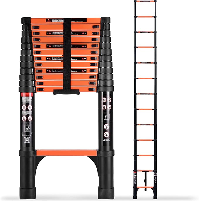 16.5 FT Telescoping Ladder, Aluminum Extension Ladder, 330 lbs Load Capacity, Multi-Purpose Collapsible Ladder for Home and Work; Orange