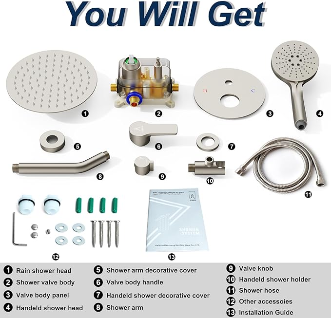 Shower Faucet Set 10IN Brass Rough-In Valve Body Trim Kit Rainfall Included Handle Accessories Complete 2 Functions with Rain Head and Handheld Bathroom Systems (10'', Brushed Nickel)
